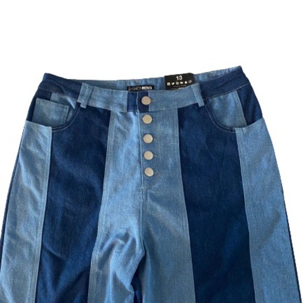 Fashion Nova Women's Color Block Med Blue Wash Wide Leg Jeans #PT3521 Size13
